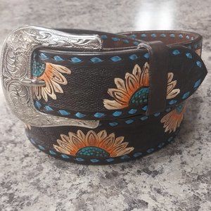 Circle Y Sunflower Tooled Belt with Blue Buckstitching